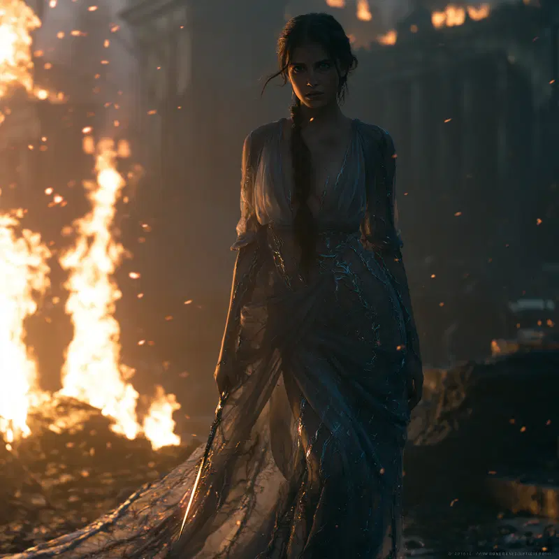 Dark fantasy scene of a mysterious woman in a burning ancient ruin