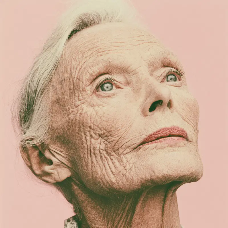 Close-up portrait of an elderly woman looking upwards with a pensive expression