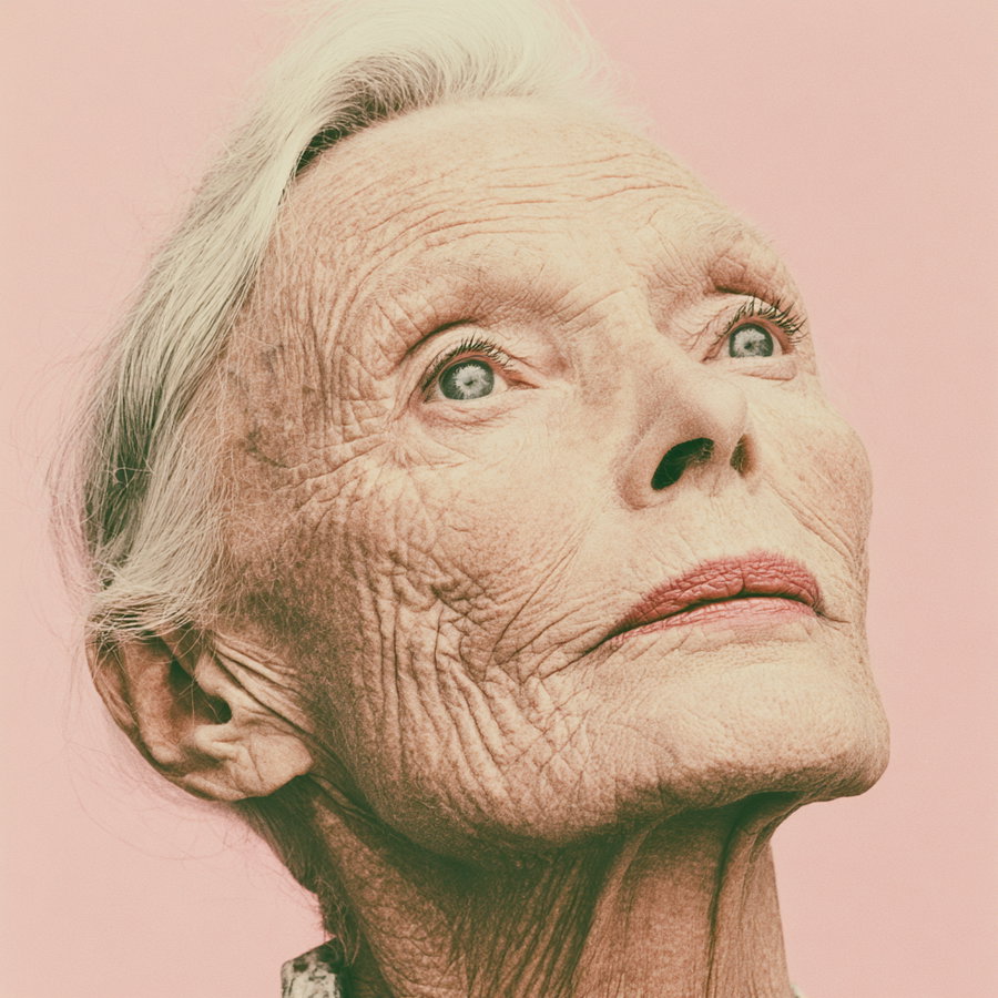 A close-up image of an elderly woman with white hair and deeply wrinkled skin looking upwards against a pink background