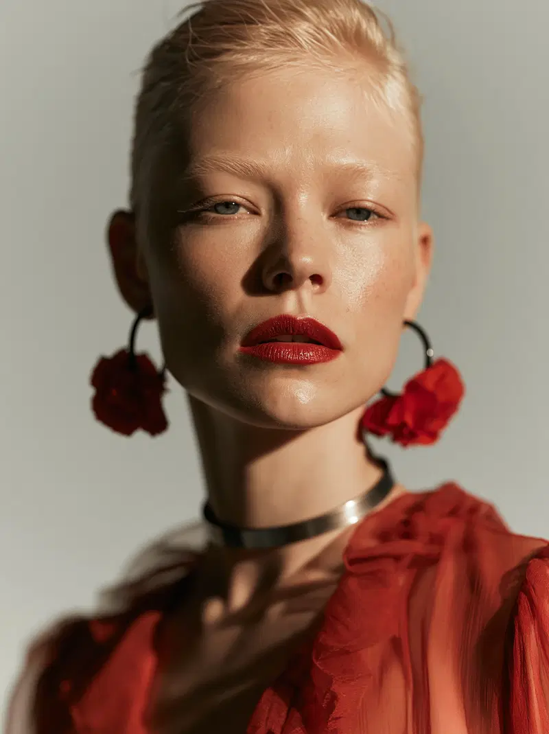 Close-up artistic portrait of a woman with red lipstick and earrings