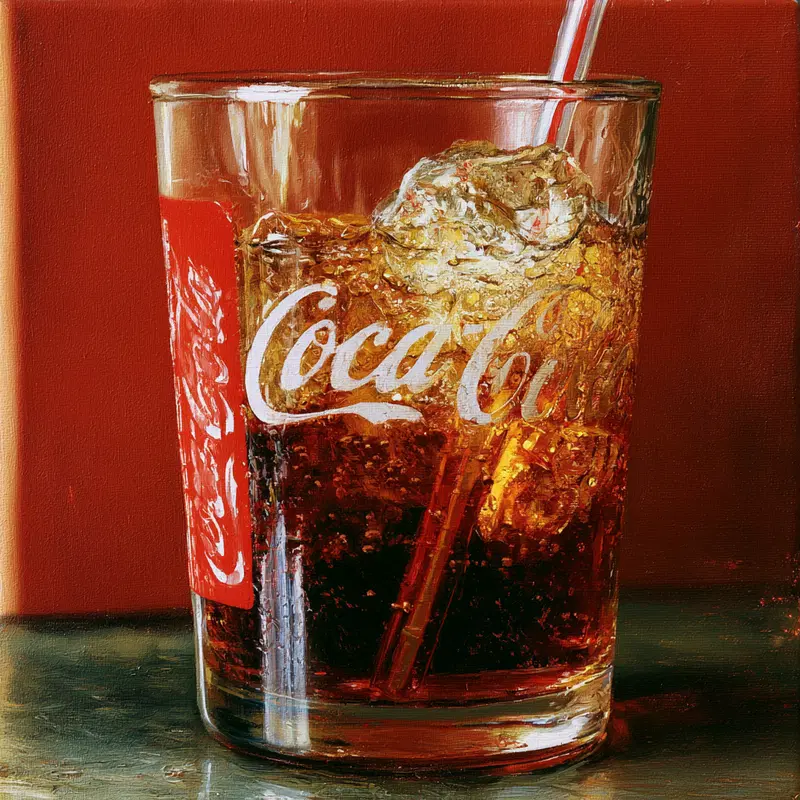 Realistic painting of a glass of Coca-Cola with ice and a straw
