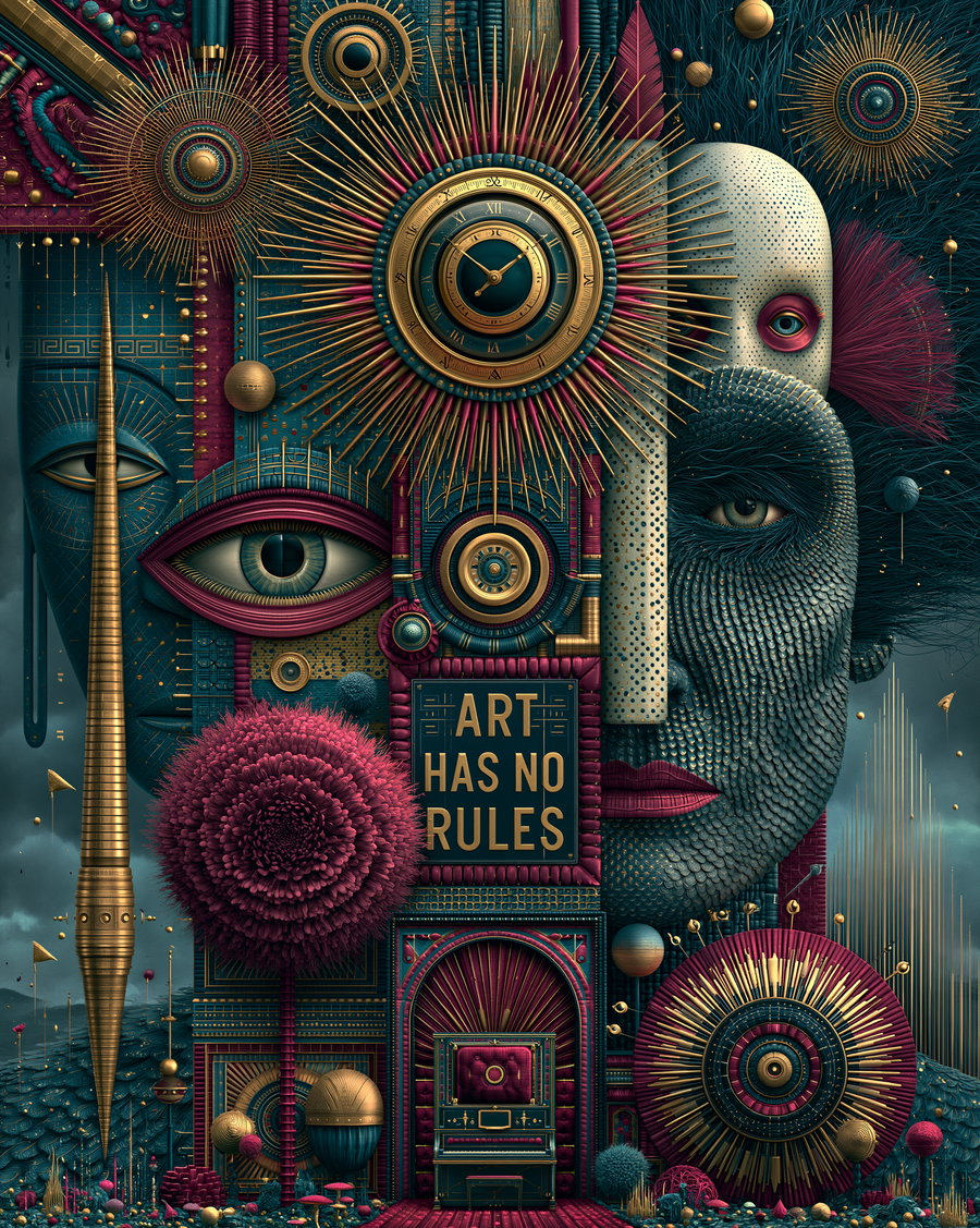 A surreal abstract composition with two large stylized faces, geometric and mechanical details, gold spikes resembling suns, a pink tree, and text reading 'ART HAS NO RULES' on a dark blue and burgundy background.