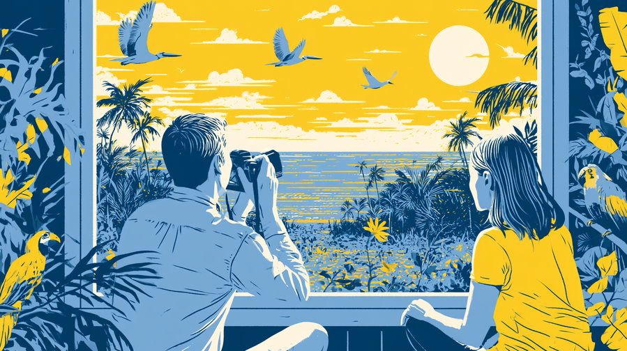Illustration of a man and a woman looking out a large window at a tropical landscape with palm trees, flying birds, sea, and a bright sun in the sky, with blue and yellow color scheme