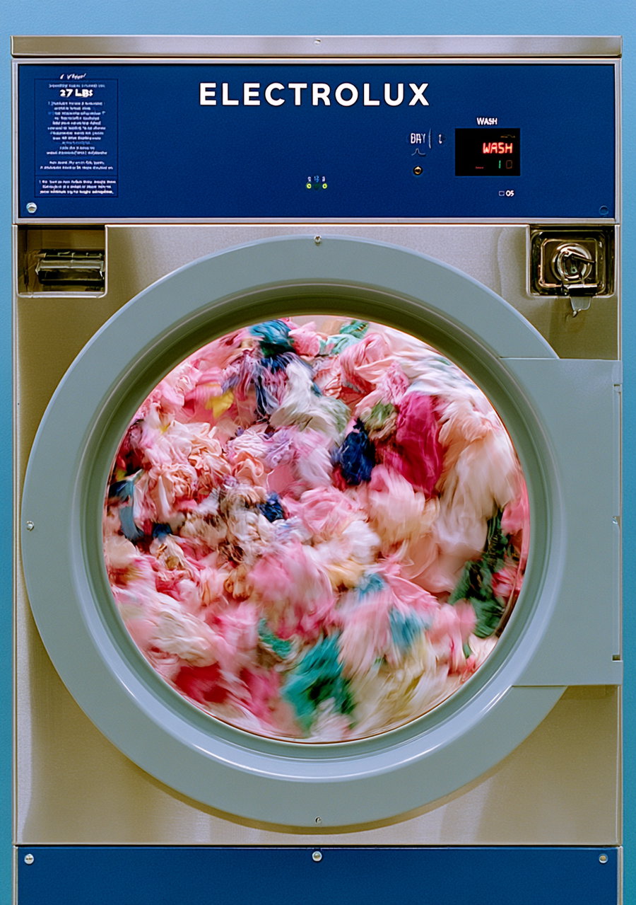Front view of a blue Electrolux washing machine with colorful clothes spinning inside the drum
