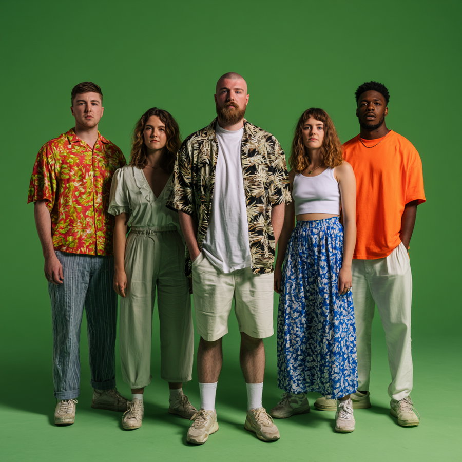 Five adults standing in a line, dressed in casual clothing with colorful patterns, against a solid green background