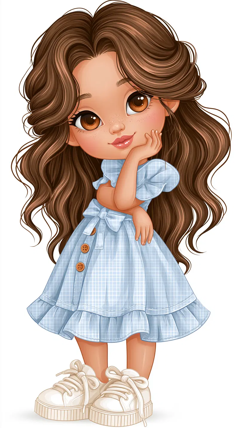 Cute digital illustration of a girl in a blue dress with big eyes