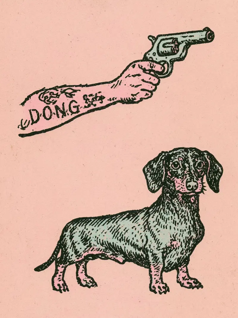 Graphic illustration of a tattooed arm holding revolver and a dachshund dog