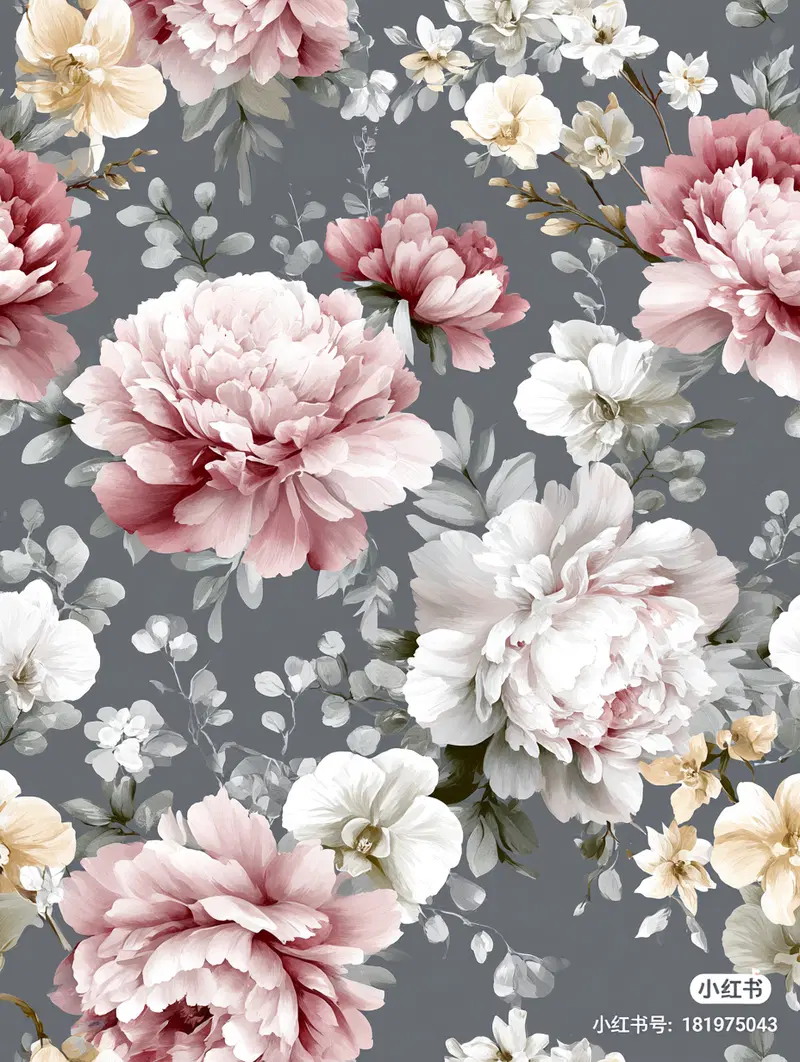 Elegant floral pattern with large peonies and assorted blossoms on gray background