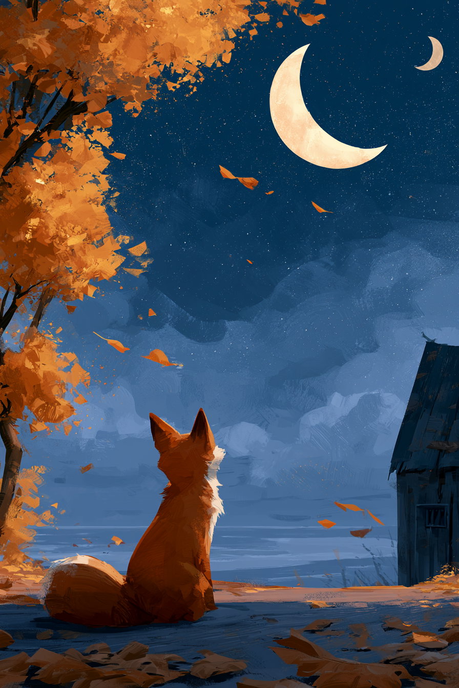 A digital painting of a fox sitting on the ground looking up at two crescent moons in a starry night sky, surrounded by autumn trees with orange leaves, next to a rustic wooden building.