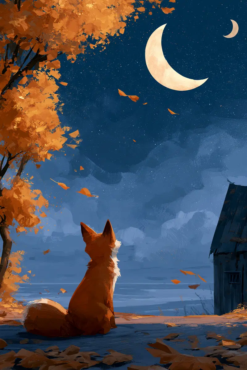 Fox sitting under autumn trees gazing at crescent moons in a night sky