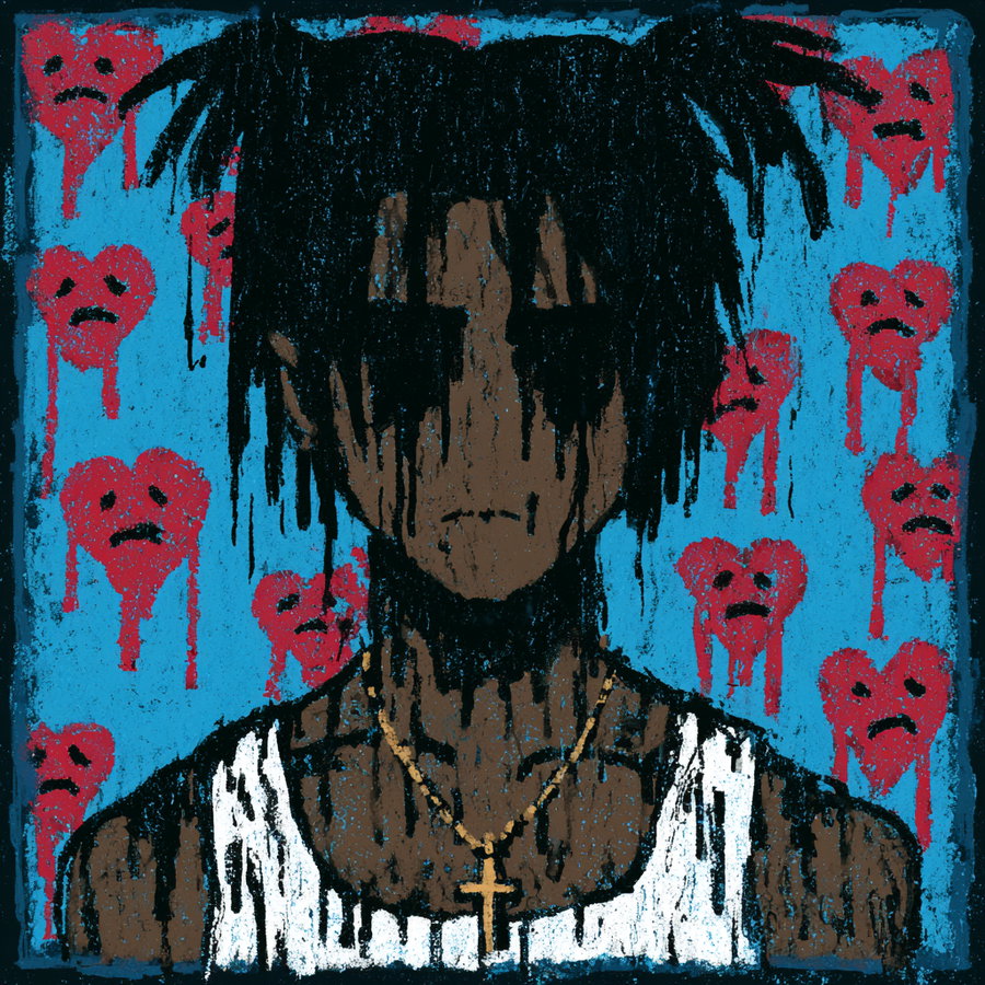 Digital artwork of a person with dark skin and black dreadlocks, wearing a white tank top and a gold cross necklace, with black paint dripping down their face and body against a blue background with red, sad, dripping heart shapes.
