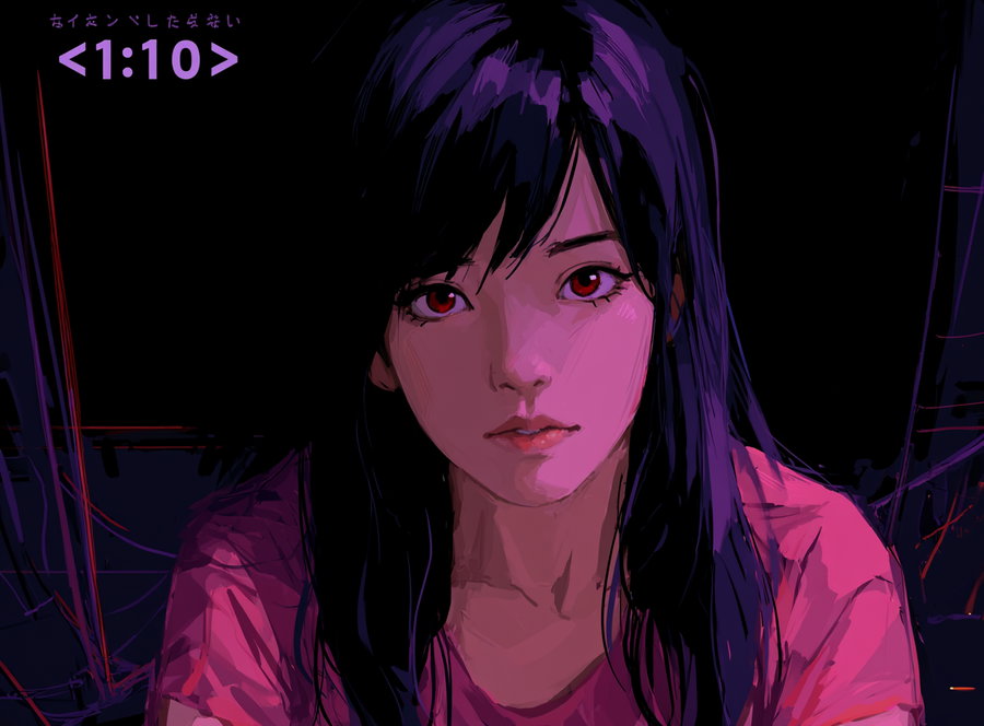 Digital artwork of a young woman with long black hair and red eyes, wearing a pink top, set against a dark background with purple and red lighting accents.