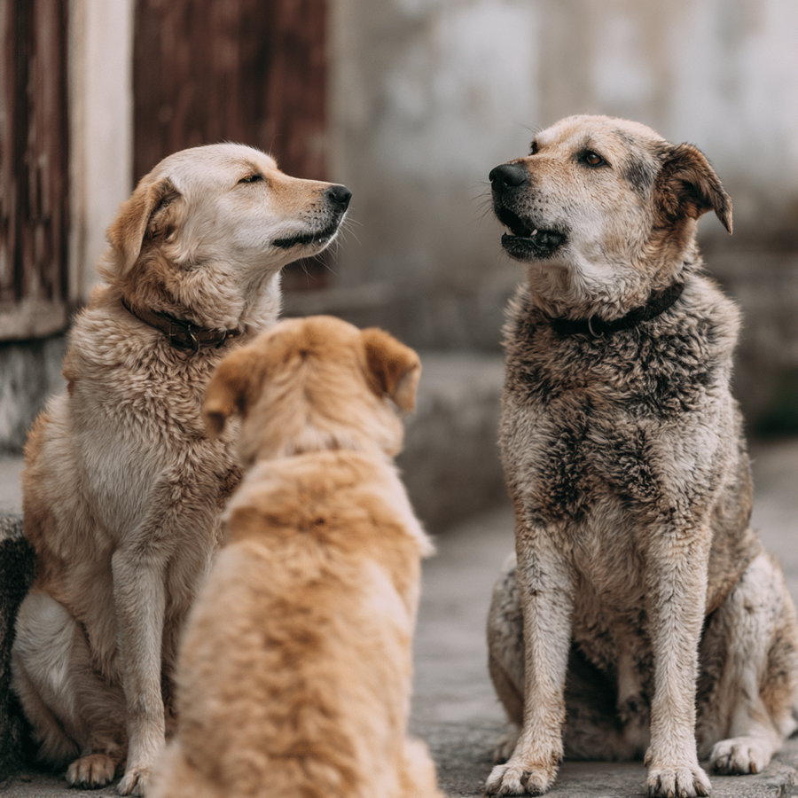 Three dogs sitting on a concrete path next to a wooden door and a wall, two facing each other and one with back towards the camera