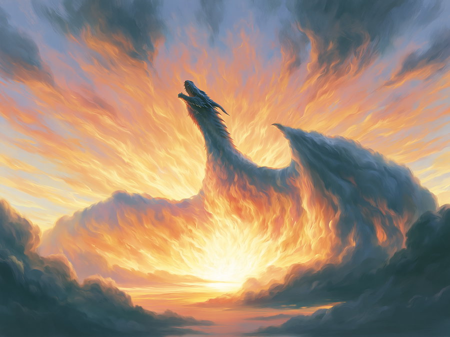 A large dragon figure formed from clouds is glowing with fiery light against a sunset sky, with detailed fiery textures and dark cloudy edges.