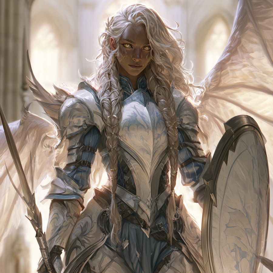 A digital painting of a dark-skinned female warrior angel with long white braided hair, wearing silver and blue ornate armor, holding a spear and shield, with large white wings and a bright glowing background.