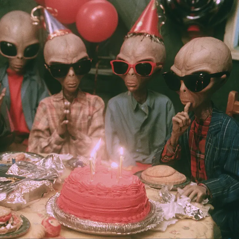 Alien figures wearing party hats and sunglasses around a birthday cake