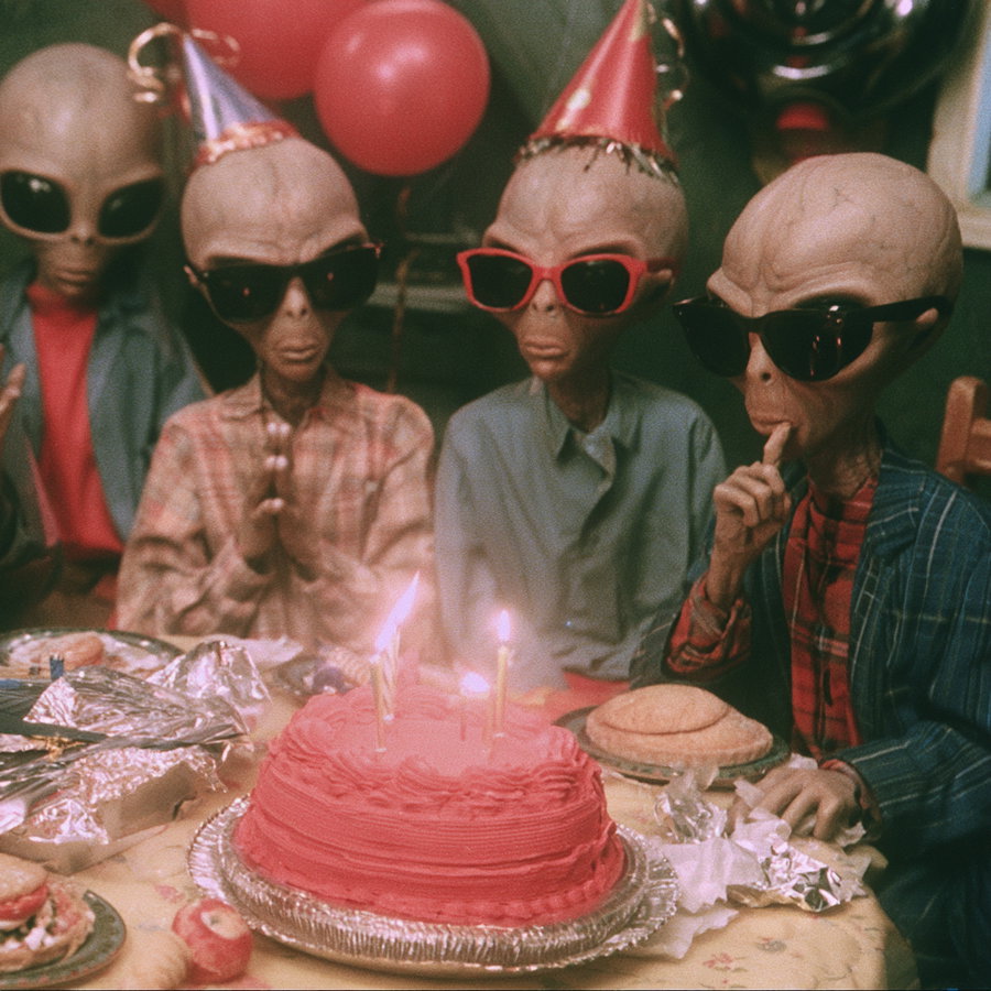 Four alien-like figures with large heads and sunglasses seated around a table with a red birthday cake with three lit candles, party hats, and various food items on the table
