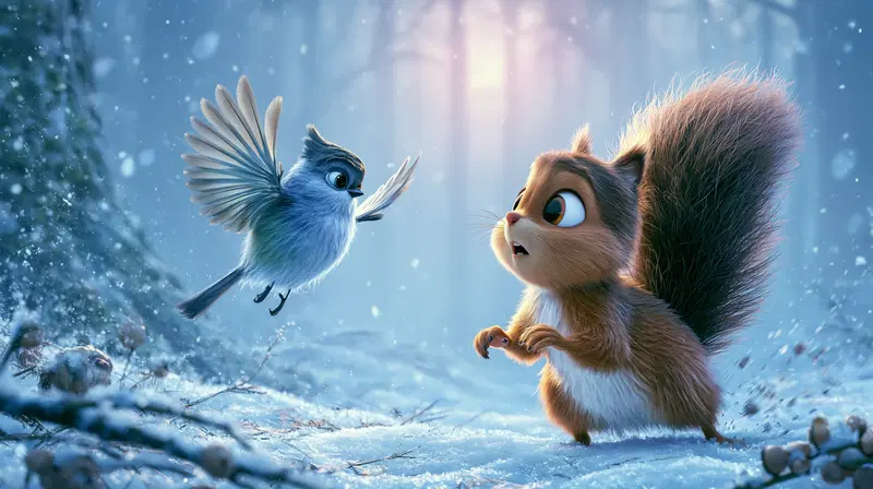 Animated forest scene of a surprised squirrel and a lively bird in snow