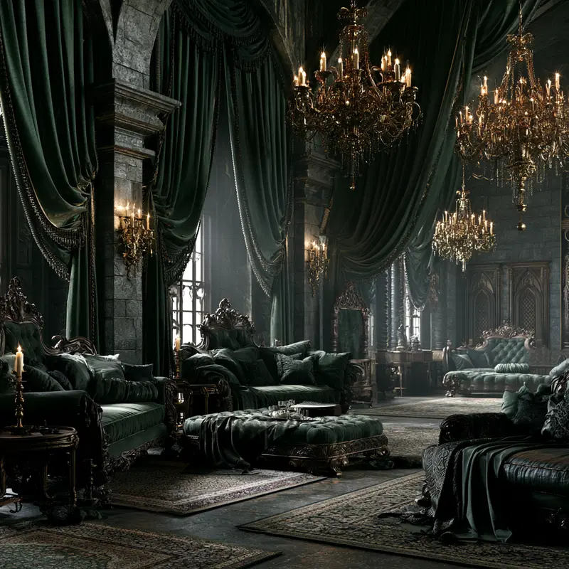 Luxurious and mysterious dark green velvet interior with chandeliers and antique furniture