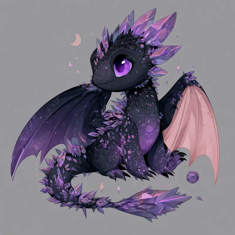 Adorable fantasy dragon with purple crystal spikes and a galaxy pattern