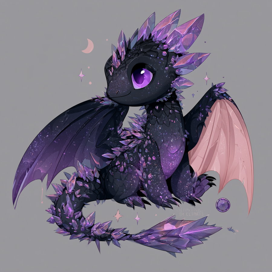 Illustration of a small black dragon with large purple eyes, purple crystal spikes, galaxy-like patterns on its body, and wings with a gradient from purple to light pink set against a plain gray background
