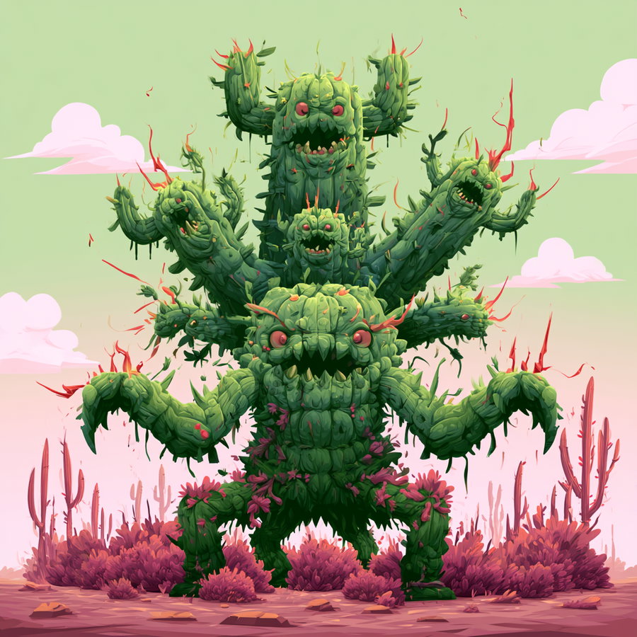 An animated illustration of a large green cactus creature with multiple arms and faces, standing in a desert landscape with other cacti and pink bushes, under a sky with light pink clouds.
