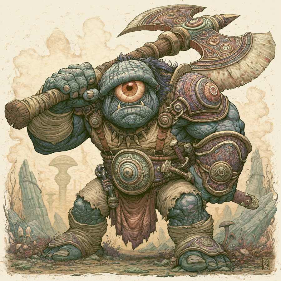 A large blue-skinned cyclops creature wearing ancient armor holds a decorative double-headed battle axe over its shoulder, standing in a rocky landscape with mushrooms and stone formations.