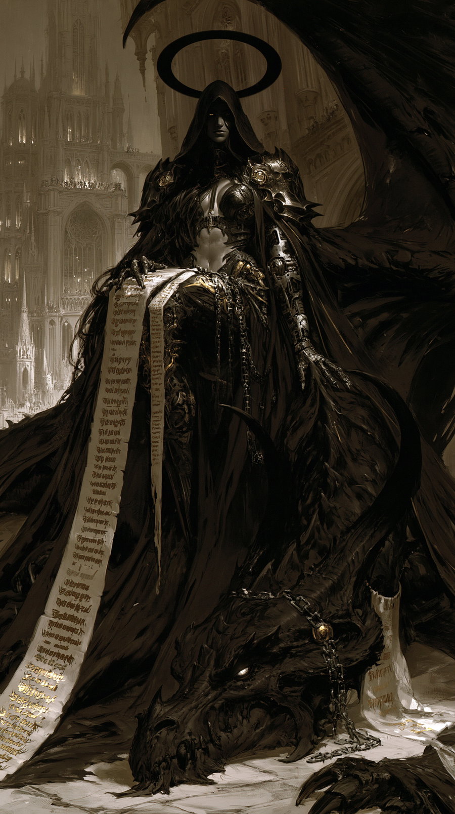 A dark-robed warrior with a mechanical arm and glowing eyes holds a long scroll while standing next to a large chained black dragon inside a grand gothic cathedral.