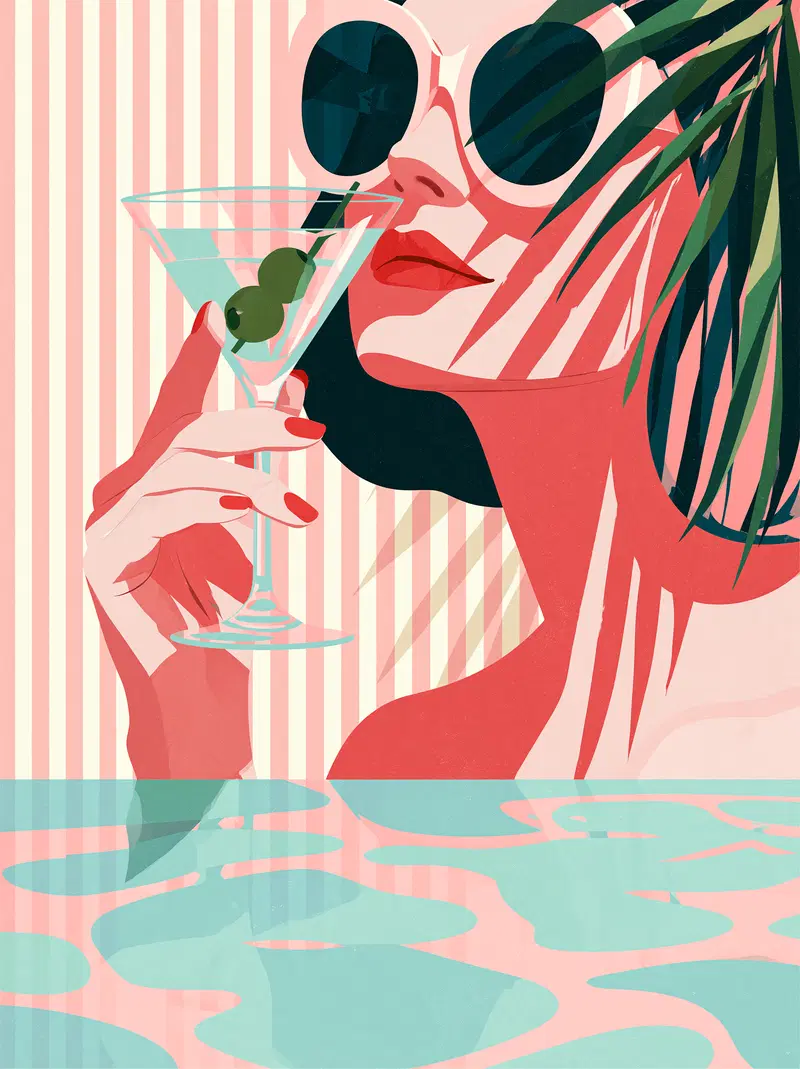 Stylish woman in sunglasses with cocktail by a pool in graphic art