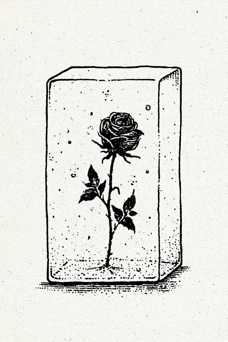 Illustration of a rose encased in a transparent glass block with detailed line work