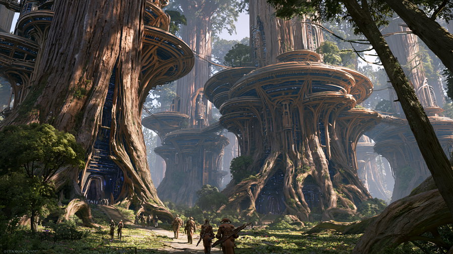 Huge tree trunks with futuristic, circular architectural constructions built into them, surrounded by lush greenery and small groups of people walking on the ground below