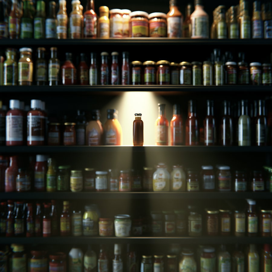 A single jar or bottle of sauce or condiment highlighted by a focused beam of light among many other assorted jars and bottles on shelves in a dark setting