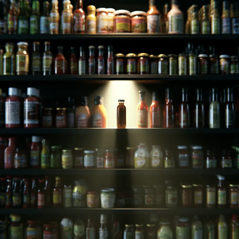 A single bottle illuminated by a bright spotlight on a shelf of various jars