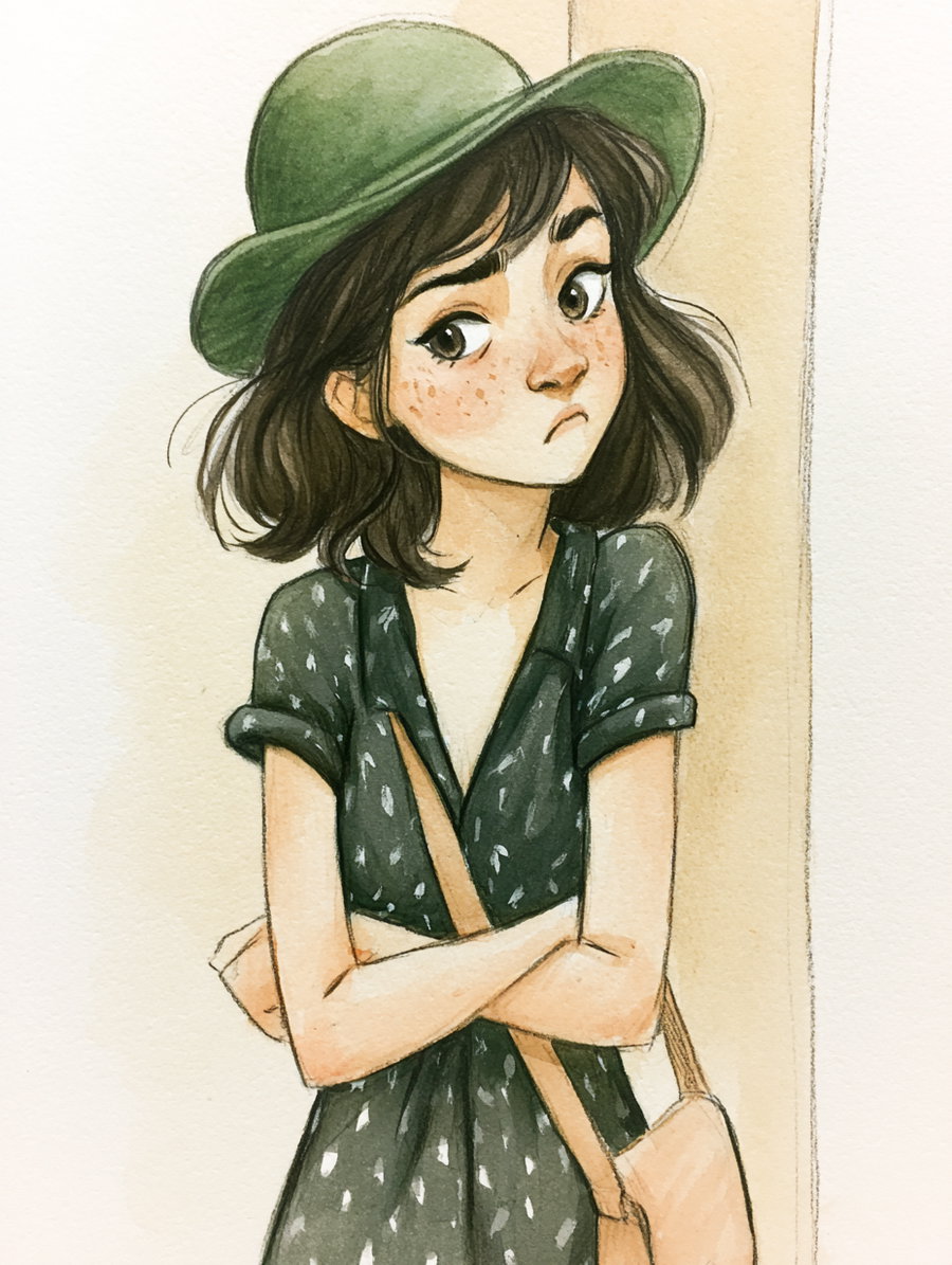 Illustration of a young woman with short dark hair, wearing a green patterned dress with rolled sleeves and a matching green hat, standing against a beige background with arms crossed and a slightly pensive expression
