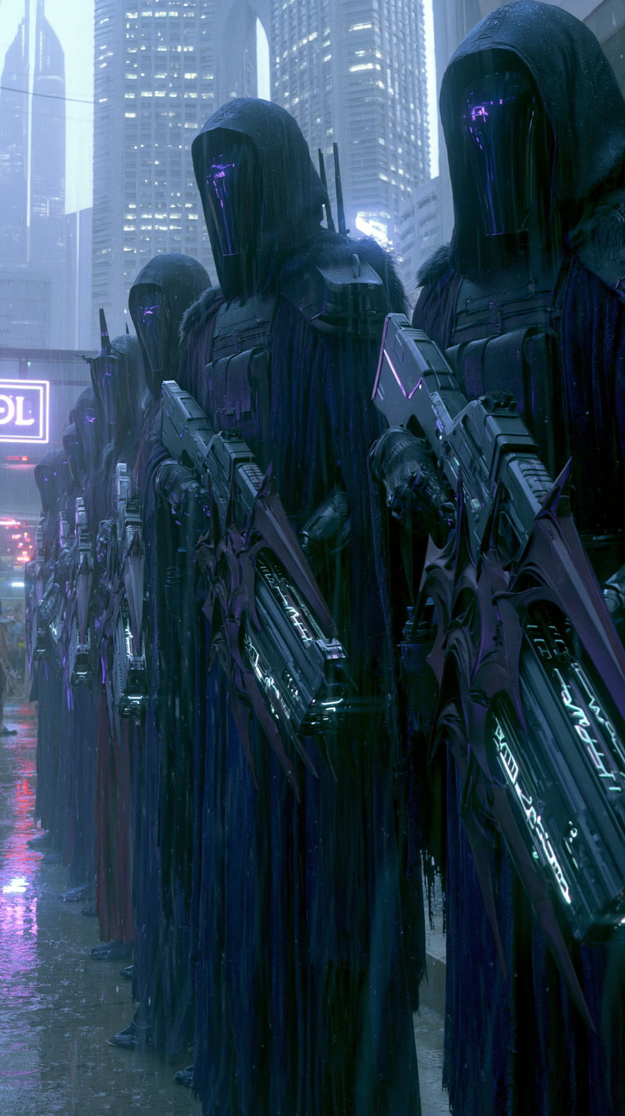 A row of tall figures in black cloaks and reflective helmets holding advanced glowing weapons, standing in a rainy urban environment with skyscrapers and neon signs in the background.