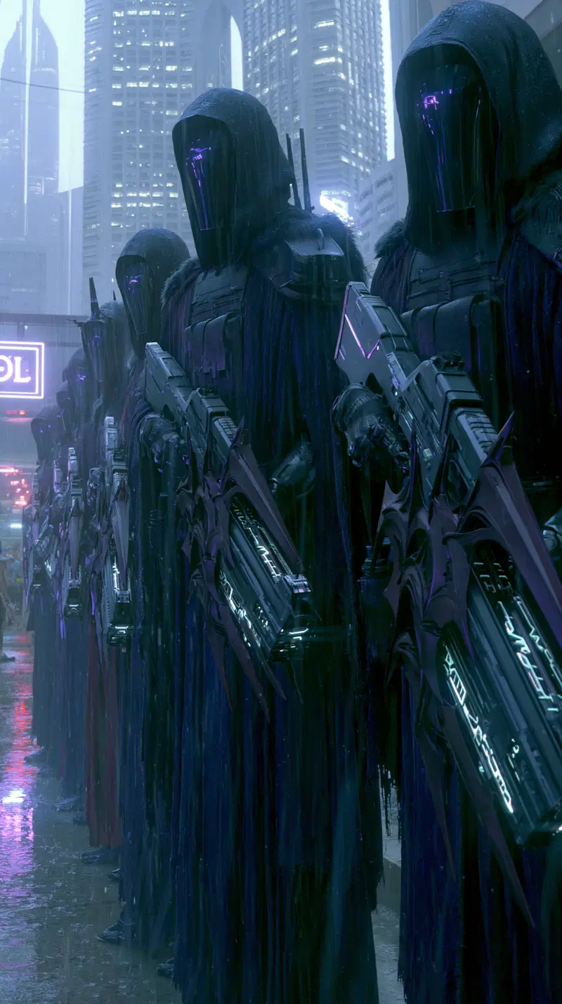 Futuristic soldiers standing in a rain-soaked neon-lit city street
