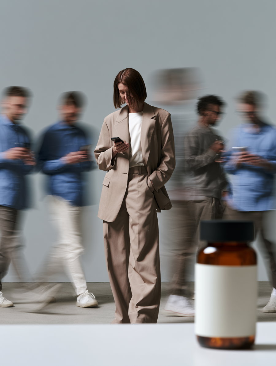 A woman wearing a beige suit stands calmly looking at her phone, while several blurred figures of men in casual clothes move around her against a plain gray background. There is a brown bottle with a blank label in the foreground.