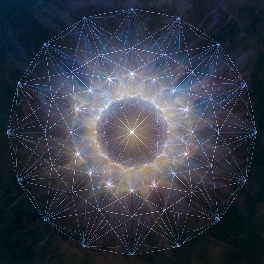 A radiant geometric mandala featuring interconnected lines and glowing star points in soft blue and white hues against a dark background