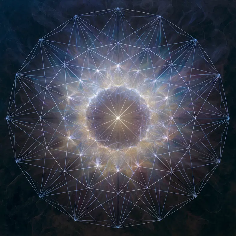 Intricate glowing geometric mandala with radiant light stars on dark background