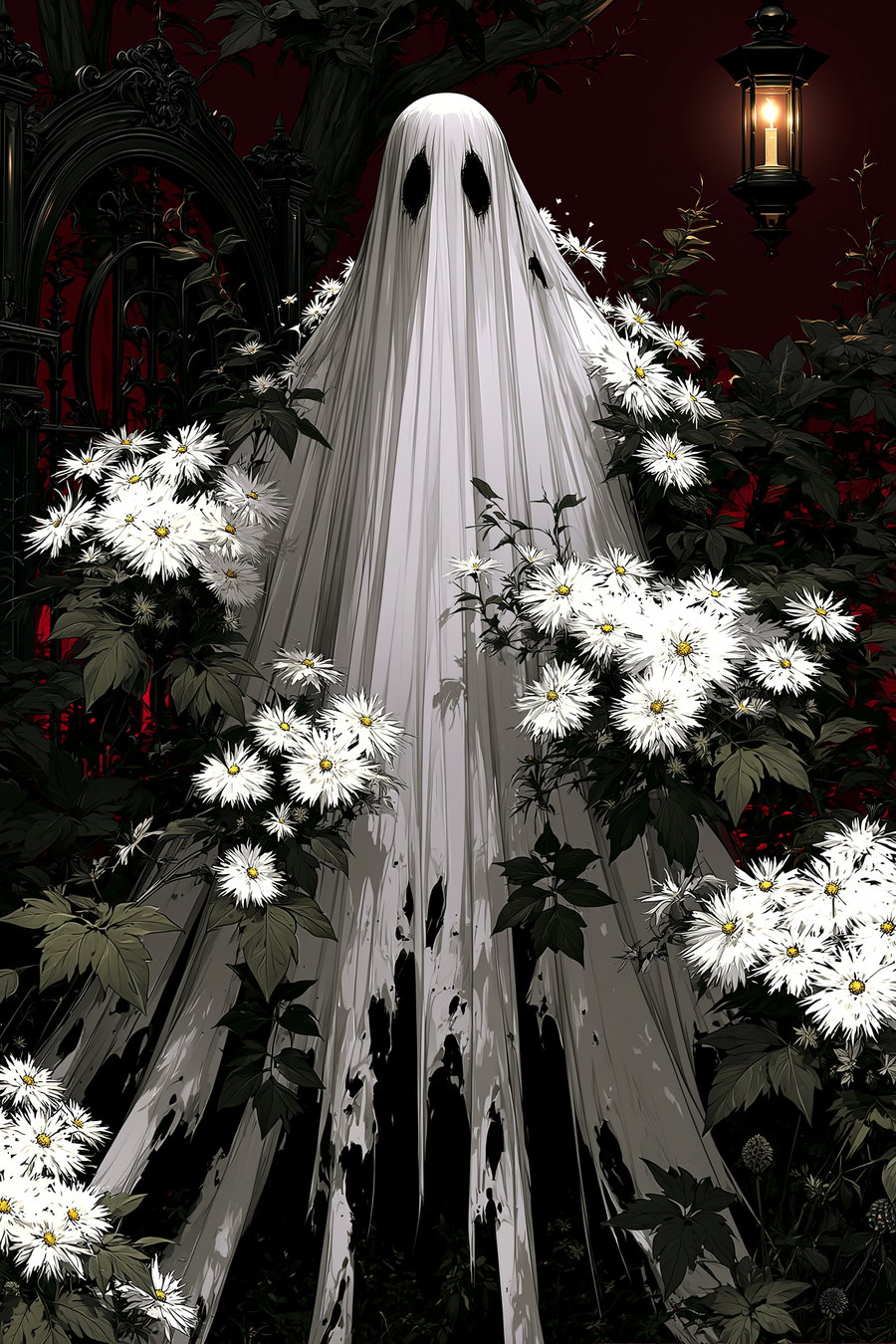 A ghost-like figure draped in a torn white sheet with hollow black eyes stands amidst bright white flowers and dark green foliage with a lit lantern hanging in the background