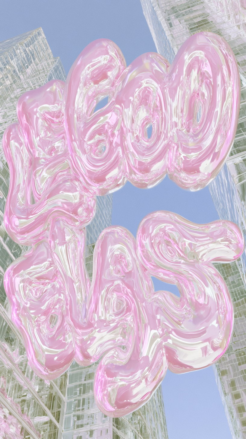 Pink translucent balloon letters forming words floating in front of tall glass buildings under a clear blue sky