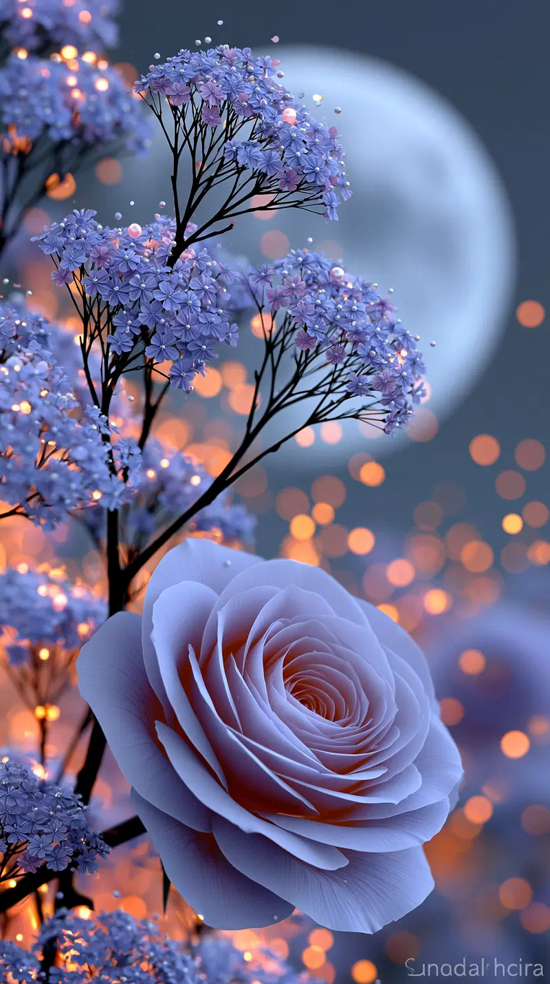 Detailed close-up of purple rose and small flowers with glowing bokeh and full moon