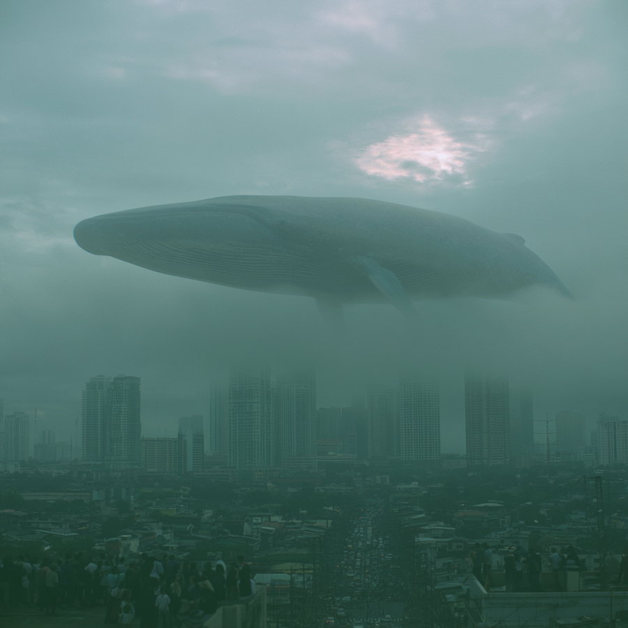 A giant whale hovering in the misty sky over a crowded urban area with tall buildings and people gathered below