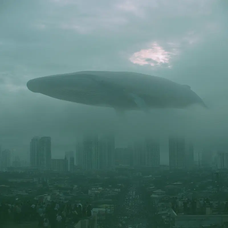Massive whale floating above a foggy city skyline with high-rise buildings