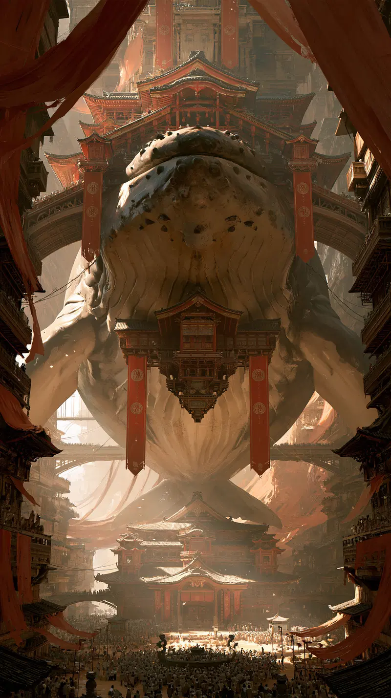Massive whale carrying traditional Asian temple architecture above a large crowd
