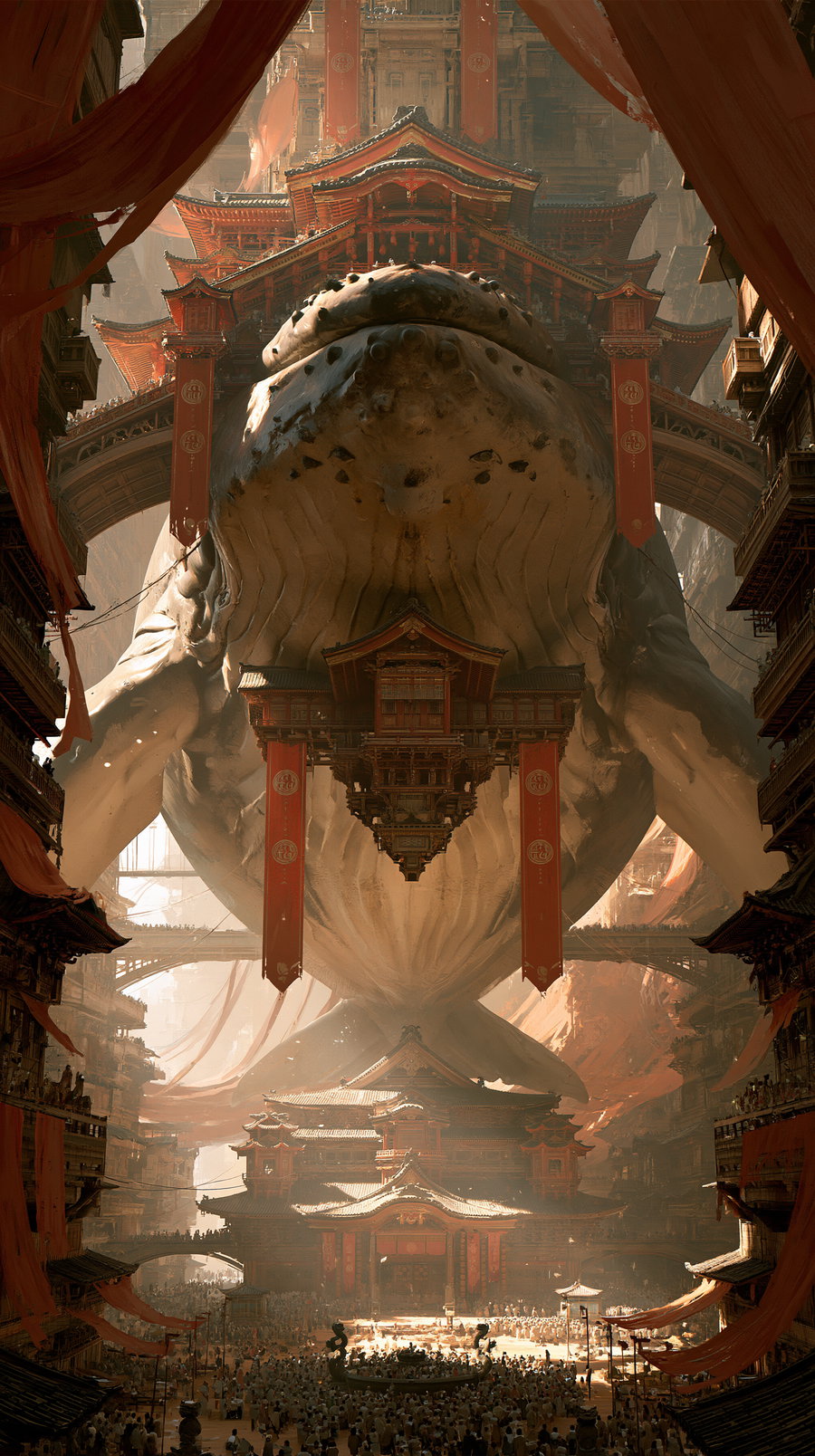 A gigantic whale floating and supporting multiple layers of intricate traditional Asian temple structures, surrounded by a crowd of people and complex buildings in a canyon-like setting with warm lighting.