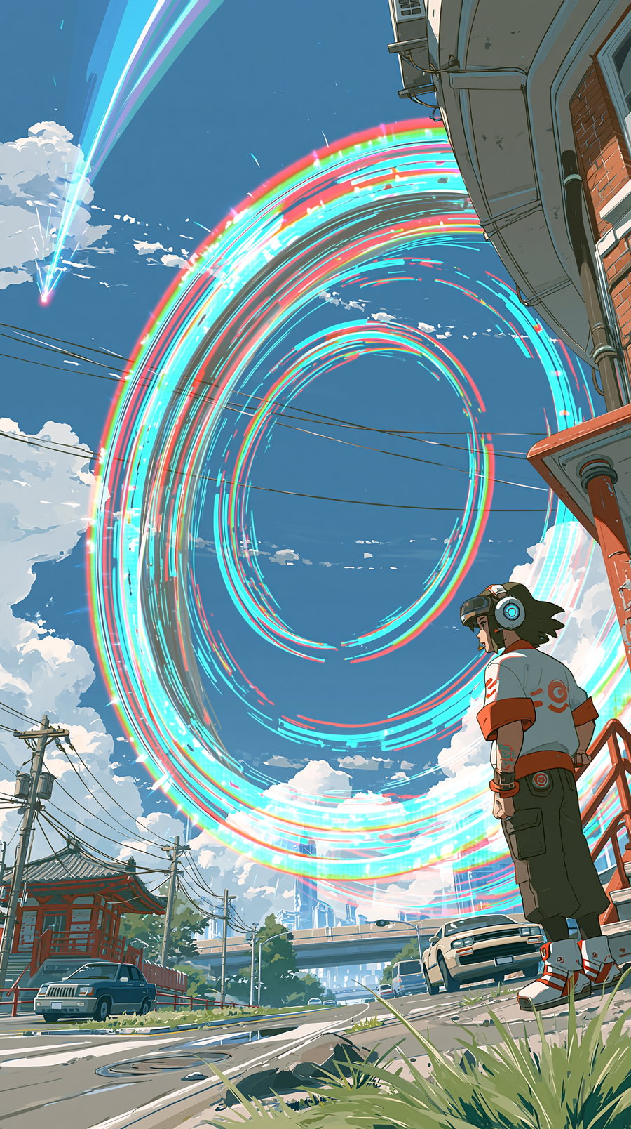 A person wearing futuristic headphones and gloves stands on a street corner looking at a large glowing circular portal in the sky above an urban area with cars, power lines, and buildings.
