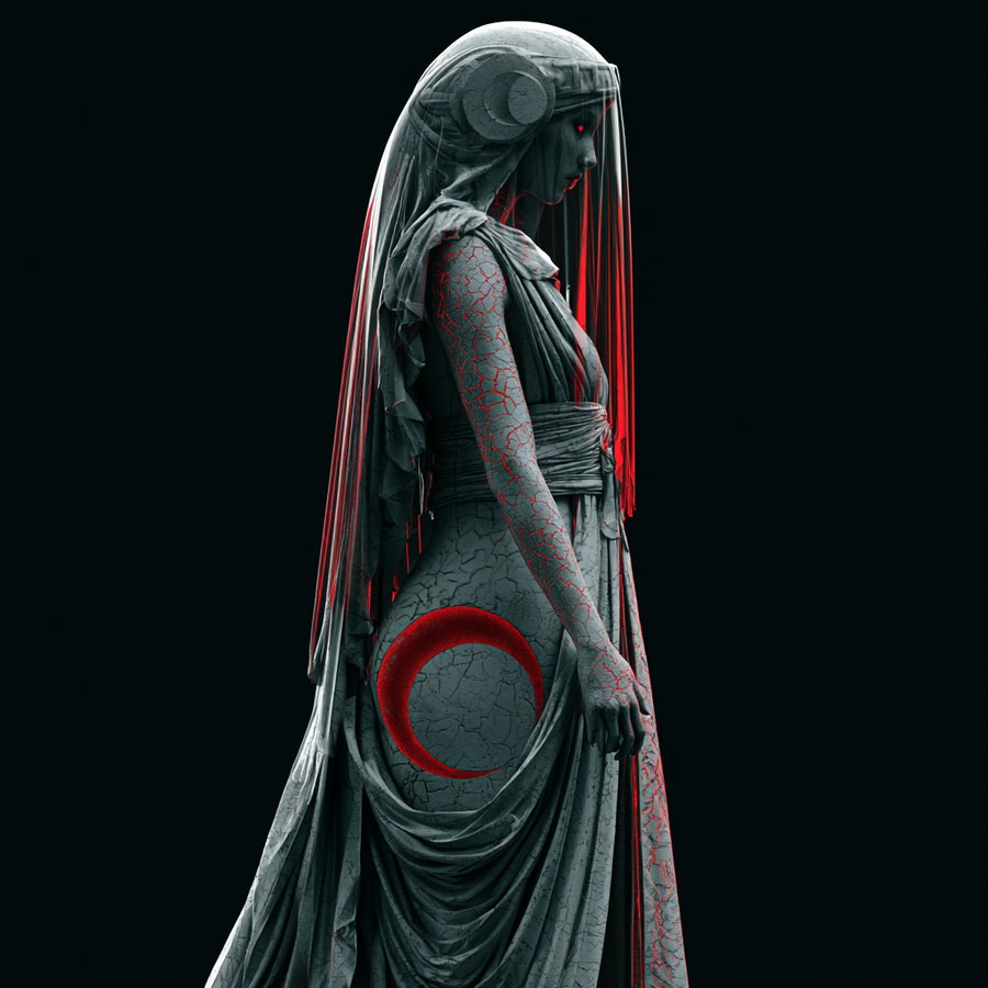 A cracked stone statue of a woman in a classical dress with a hood, glowing red crescent symbol on her hip, and glowing red eyes, set against a dark background.
