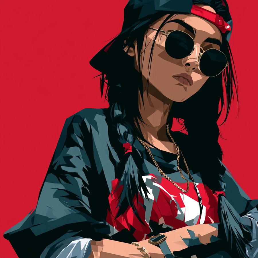 Digital portrait of a woman with braids, sunglasses, black cap, and a gold chain necklace on a solid red background