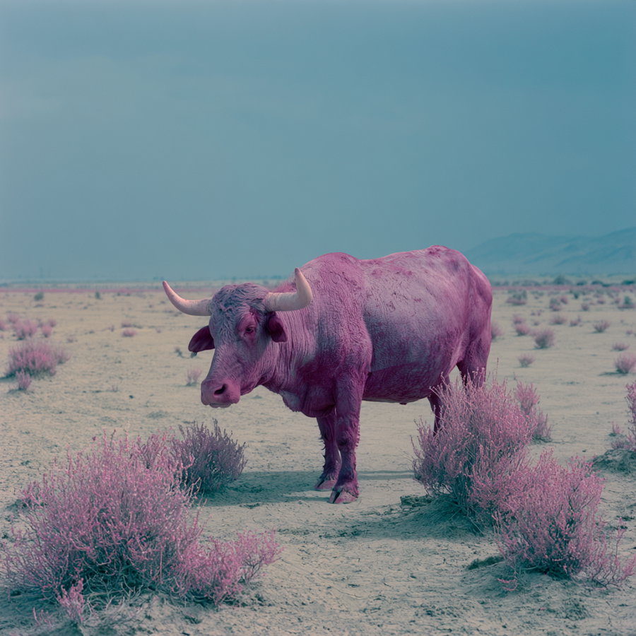 A single bull with pink fur standing on dry cracked ground surrounded by pink shrubs with a hazy blue sky and distant hills in the background